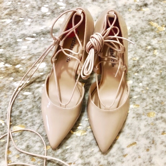 Cityclassified Shoes - Strappy Patent Nude Lace-Up Pumps, Size 7, NWOB!